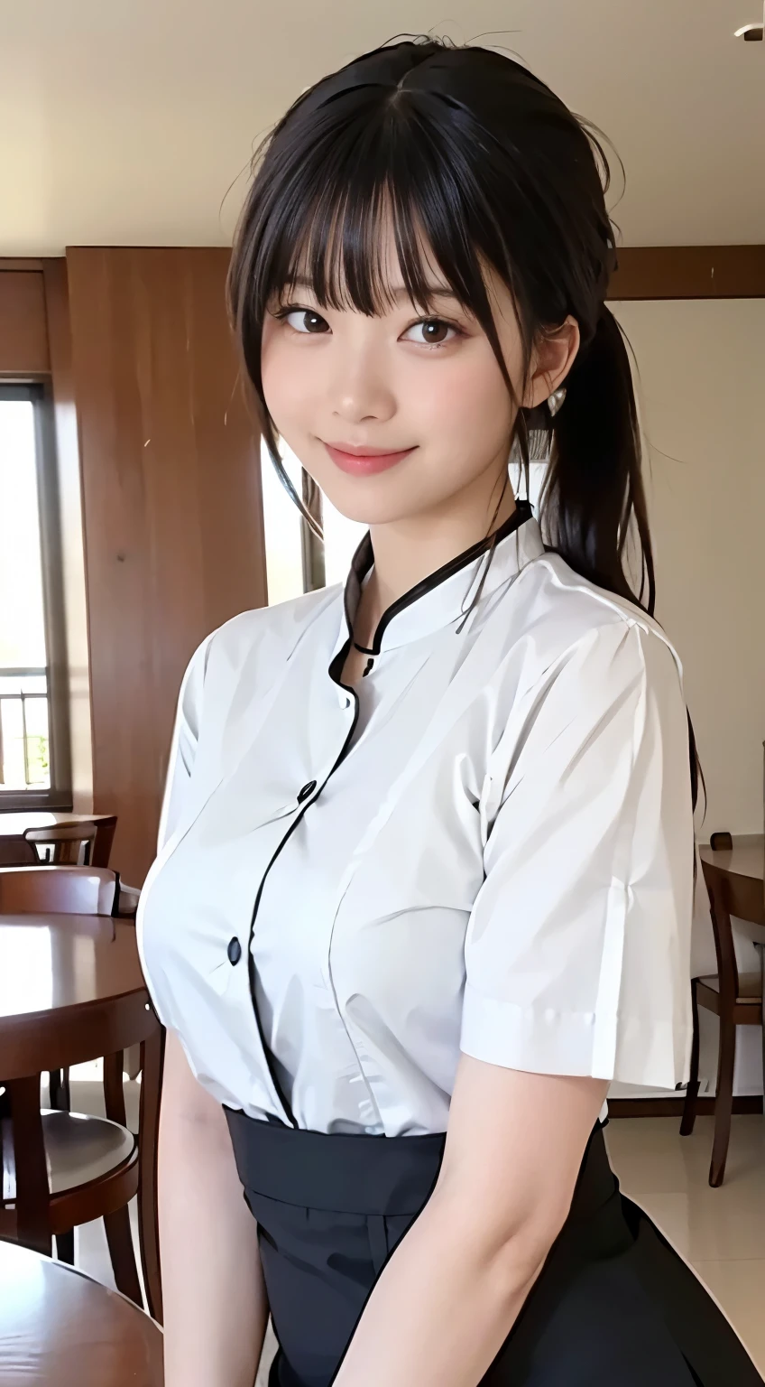 (highest quality,masterpiece:1.3,Ultra-high resolution,),(Very detailed,Caustics),(Photorealistic:1.4,RAW shooting,)Ultra-Realistic Capture,Very detailed,High resolution 16K human skin closeup。 Natural skin texture、,Pores、、、、It must be detailed enough to be easily identifiable。 Skin tone is even and healthy looking。 Use natural light and color,restaurant,Waitress Uniform,1 girl,Japanese,18-year-old,cute,Black-haired,ponytail,Big Breasts,smile,Turn your body forward,(Front view:1.1),Looking at the camera,Cowboy Shot,
