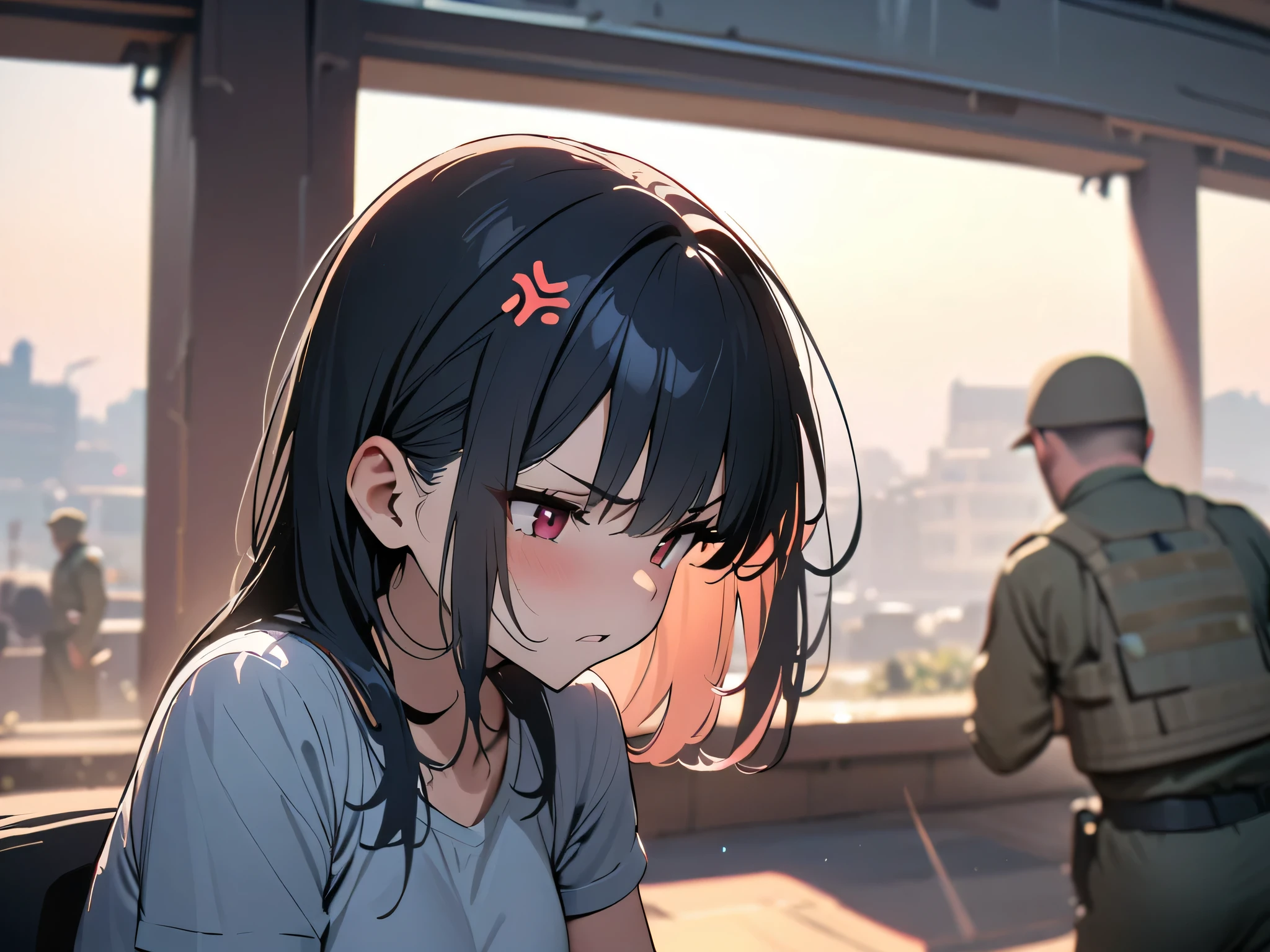 (masterpiece:1.3),(best quality:1.2),8k,absurdres, solo,medium view,A girl,detailed short black hair,anger,(Soldier's outfit that is a black shirt with a bulletproof vest with leather pants with a backpack:1.2),Get down on one knee,(holding a assault rifle:1.2),City ruins,(China city:1.2),Depth of Field,rain