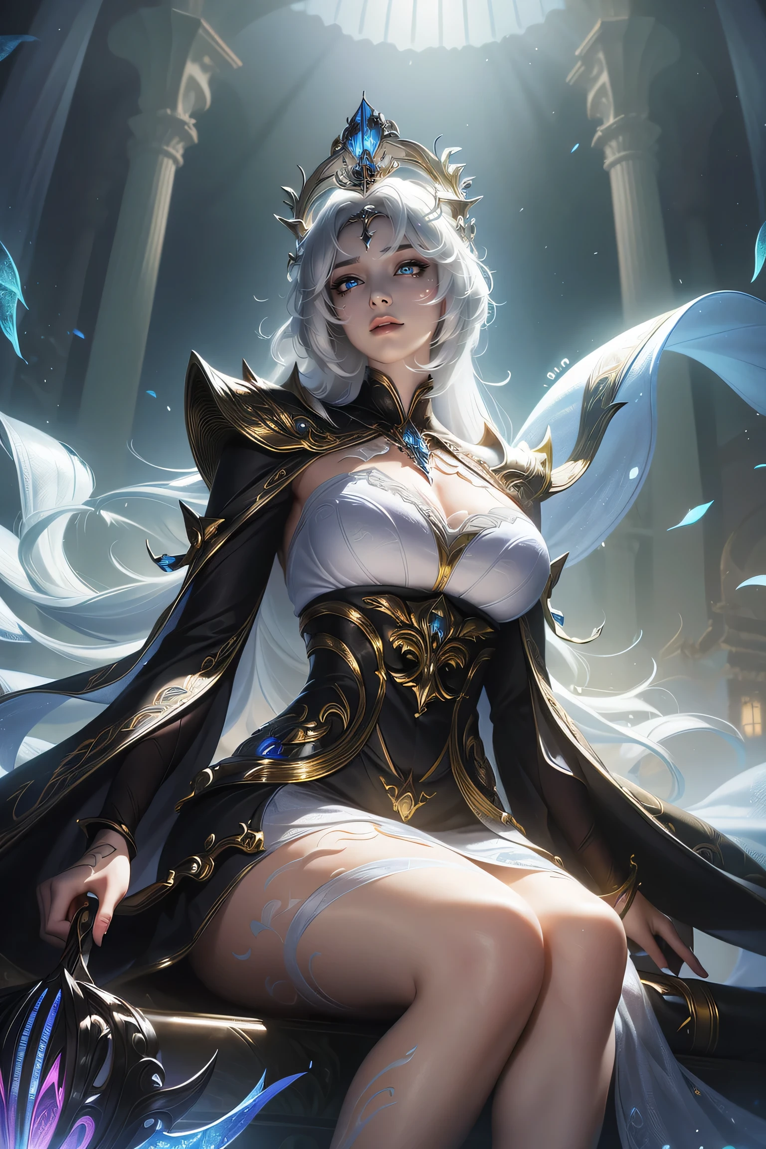 (masterpiece:1.2),best quality,(illustration:1.2),(Super detailed),Ultra Detail,(Fine details),(Intricate details),(light, best quality Backlights),Clear boundaries,From below,Female only,Perfect body,(1 Girl),white hair,Glowing eyes,(Black see-through clothes),(crown:1.1),Sitting on the throne,Close your eyes slightly,look down,Turn your head,( Shy:1.2),((cosmetic)),High contrast,(Optimal lighting, extremely delicate and beautiful),((light)),rich and colorful,
