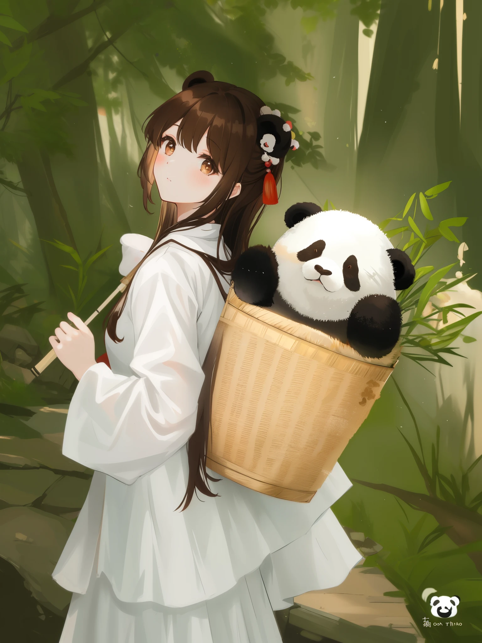 (brown long hair swept bangs:1.3), araffe dressed in a white dress carrying a panda bear in a basket, cute panda, tian zi, ruan jia beautiful!, panda panda panda, by Yang J, inspired by Luo Mu, panda, hanfu, chinese girl, mu pan, a cute giant panda, lovely and cute, ruan cute vtuber, traditional chinese, xintong chen