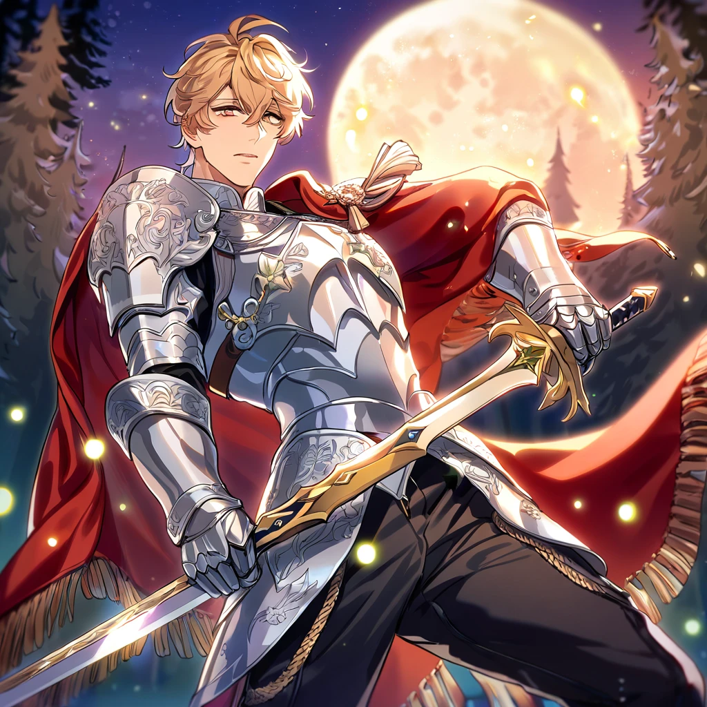 absurdres, highres, ultra detailed, HDR, master piece, best quality, perfect face, beautiful eyes, delicate features, Quincy, blond messy hair, expressive amber eyes, Nu Carnival, solo, sexy man, handsome, holding a sword, silver armor, red cape, knight, black pants, forest, moon, fireflies