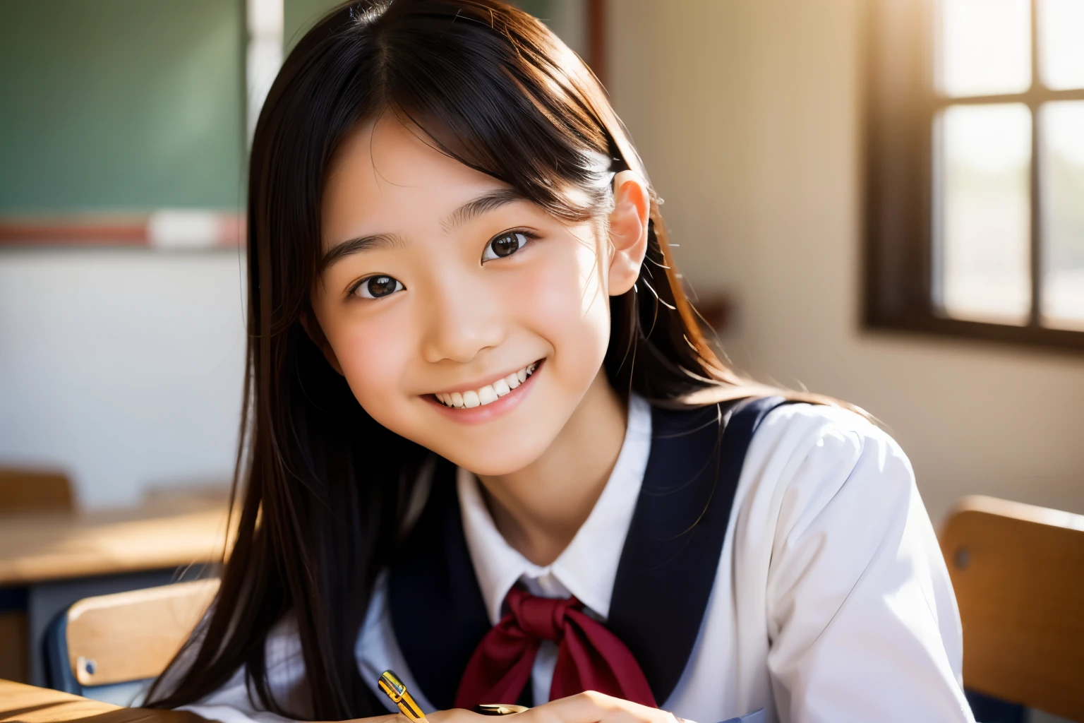 lens: 135mm f1.8, (highest quality),(RAW Photos), (Tabletop:1.1), (Beautiful  Japanese girl), Cute face, (Deeply chiseled face:0.7), (freckles:0.4), dappled sunlight, Dramatic lighting, (Japanese School Uniform), (In the classroom), shy, (Close-up shot:1.2), (smile), (Sparkling eyes), (sunlight)