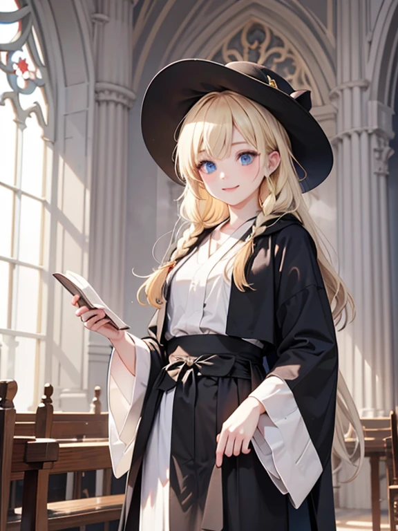 masterpiece, highest quality, Very detailed, 16k, Ultra-high resolution, Cowboy Shot, One 14-year-old girl, Detailed face, smile, Perfect Fingers, blue eyes, Blonde, Braid, The figure of the wizard, Long pointed hat, Long black robe, temple, Cathedral, Have scriptures