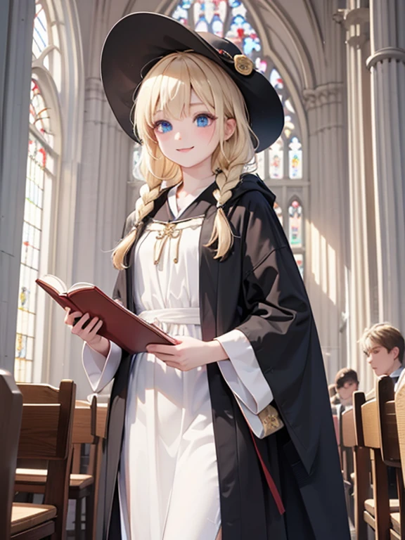 masterpiece, highest quality, Very detailed, 16k, Ultra-high resolution, Cowboy Shot, One ****************, Detailed face, smile, Perfect Fingers, blue eyes, Blonde, Braid, The figure of the wizard, Long pointed hat, Long black robe, temple, Cathedral, Have scriptures