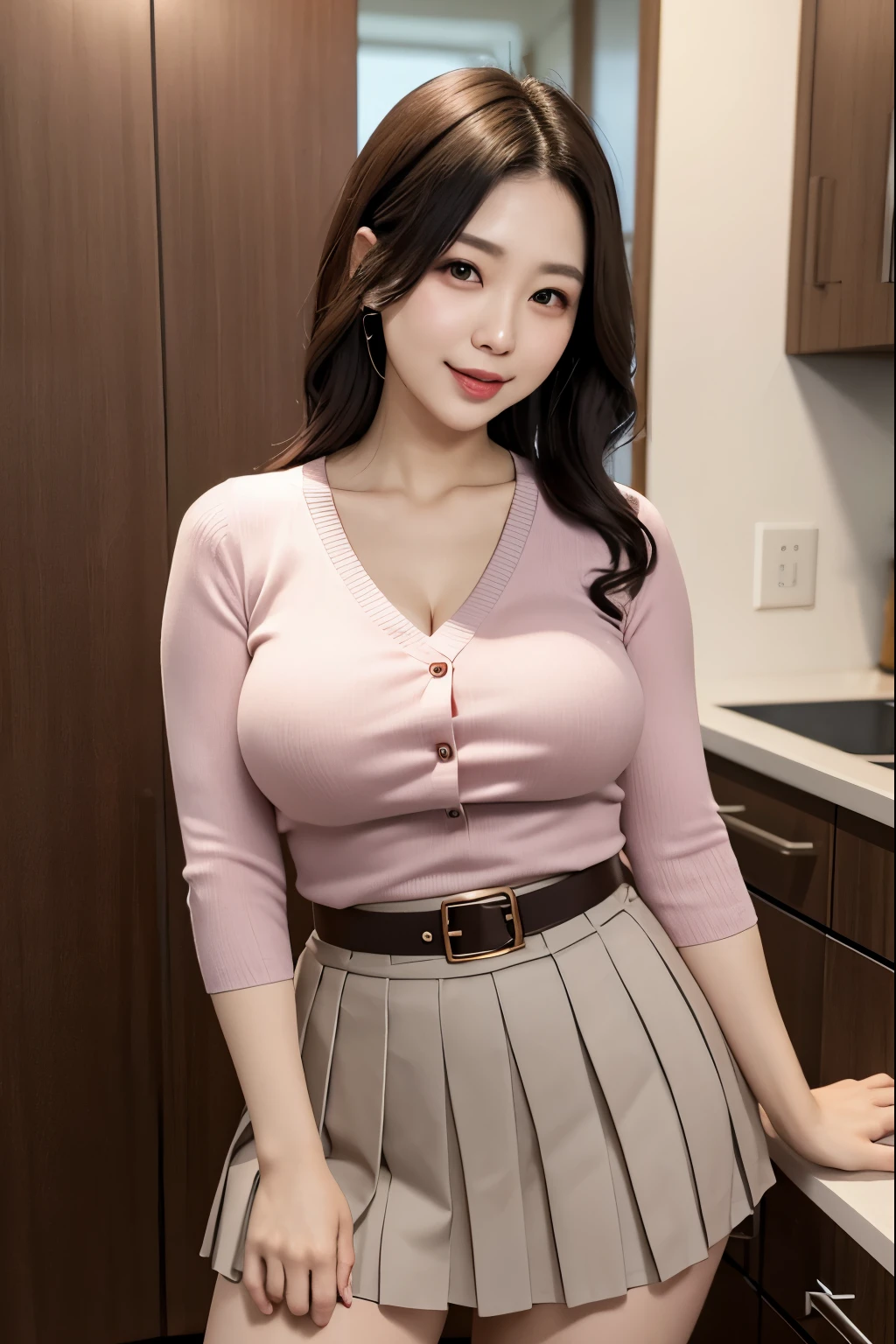 Beautifull, mother-in-law, japanese, Front button v-neck knit shirt, sexual expression, in the kitchen, voluptuous, high waist tube Pleated short skirt