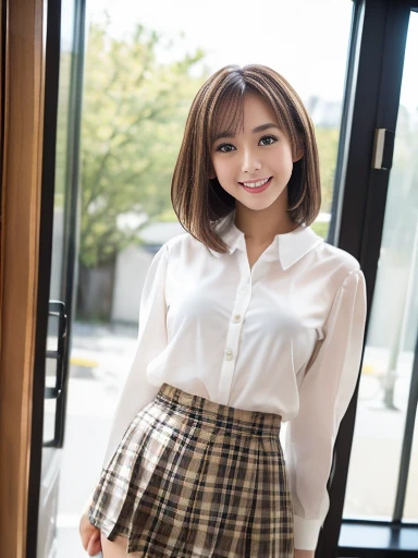 A beautiful Japanese shy girl, age 18 years old, short brown hair, brown big eyes, shiny lip, shiny hair, ecstatic expression, wearing white blouse, plaid mini skirt, in front of huge window, The background is very blurry, wearing high heels, A photo showing the whole body,