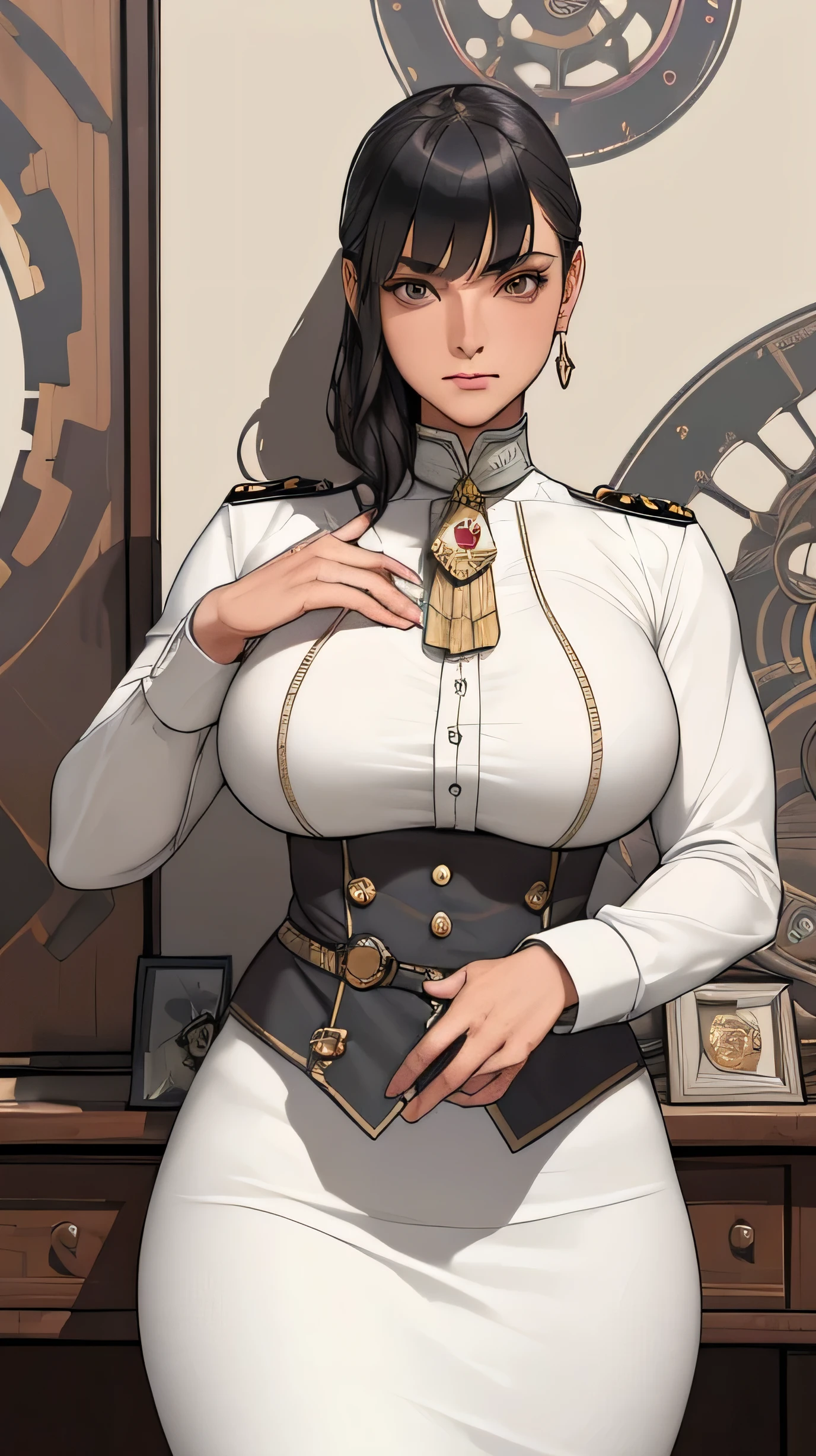 (masterpiece:1.3), (disorganized:1.3), (highest quality:1.3),(perfect anatomy:1.5),perfect finger,(detailed face), solo,1 middle age woman around 50 years old,Army officer,(Steam Punk), (Victorian era),Old Hong kong,(Kowloon area),horizontal angle,((looking at viewer)), (Super detailed:1.3),(best shadow:0.7),(saggy breasts),dark skin,treated hair,( bangs),fine eyes, beautiful eyes, 1 mature woman, ((saggy breasts)),((muscular)),alone, standing, crystal earrings,closed_mouth, arm_behind_return,White Army officer uniform,insignia,white pencil skirt,tie,rest outdoors, intimidating pose,cowboy shot