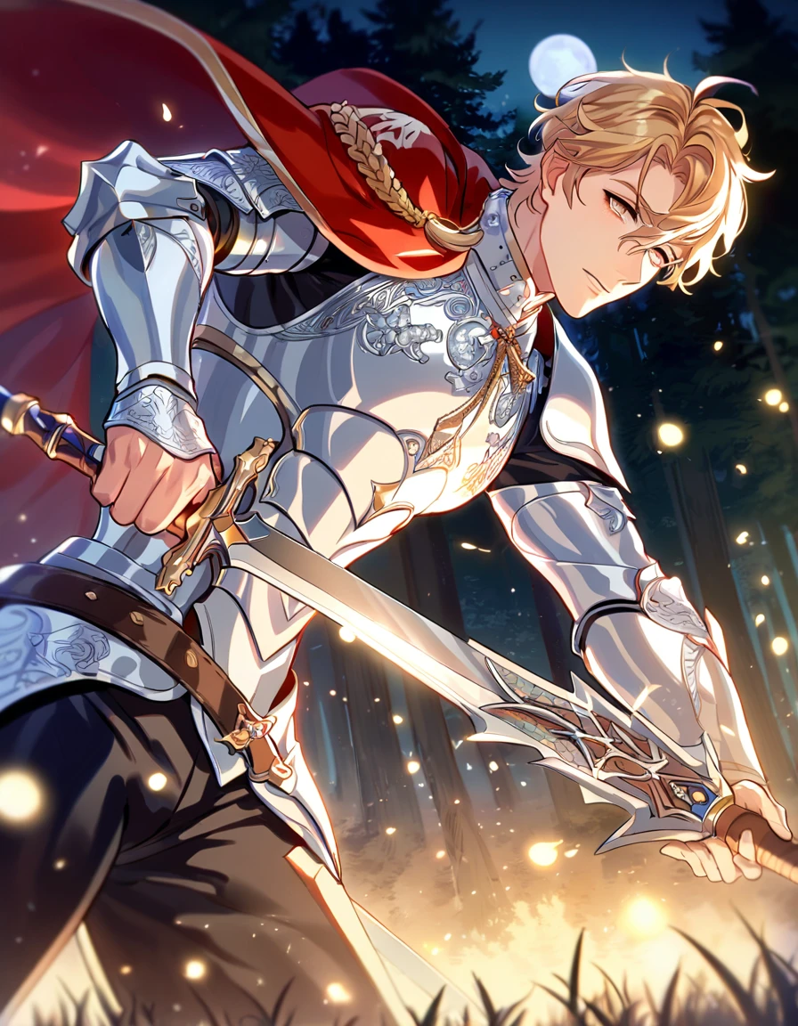 absurdres, highres, ultra detailed, HDR, master piece, best quality, perfect face, beautiful eyes, delicate features, Quincy, blond messy hair, expressive amber eyes, Nu Carnival, solo, sexy man, handsome, holding a sword, silver armor, red cape, knight, black pants, forest, moon, fireflies