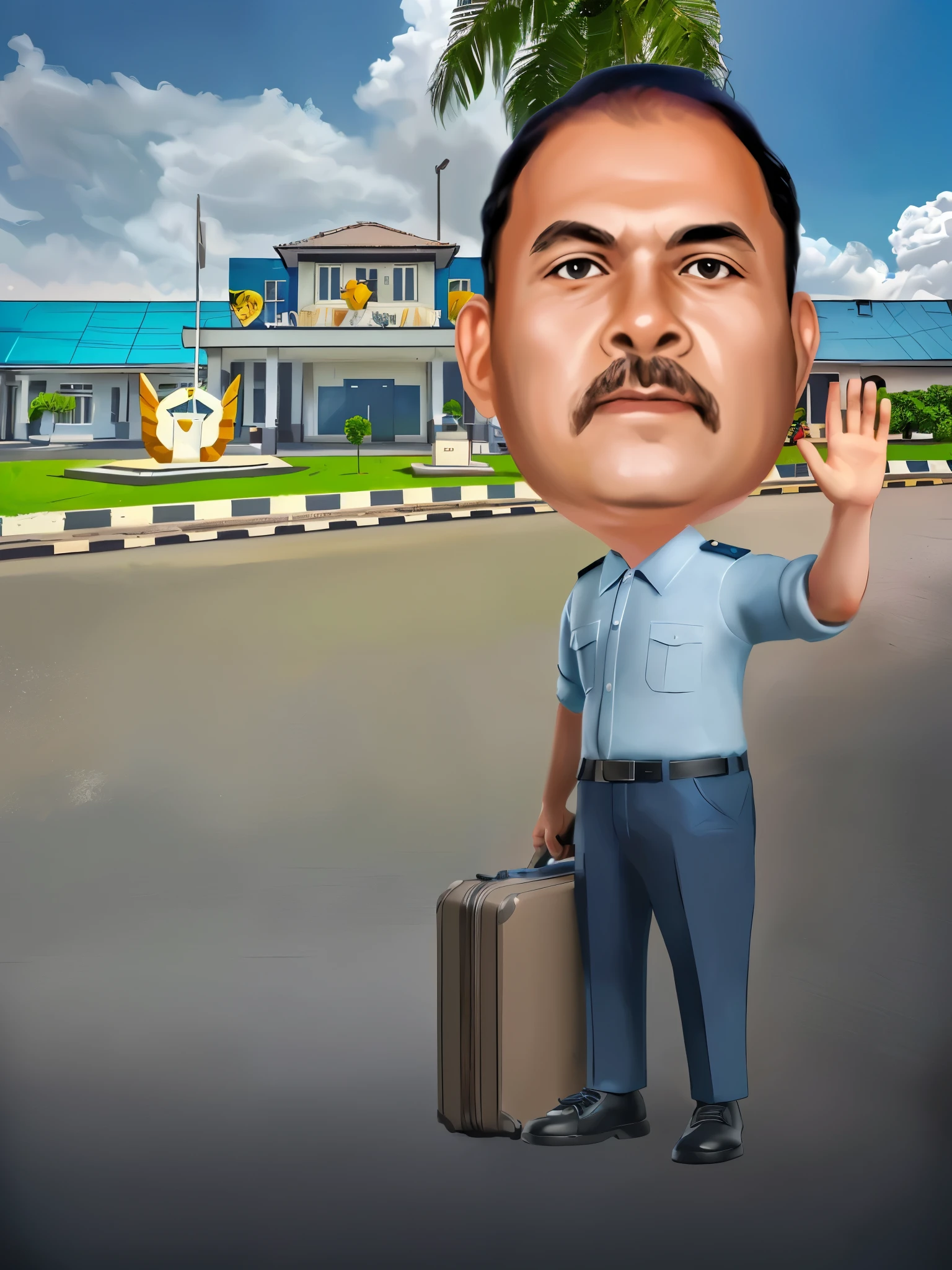 cartoon man with suitcase waving in front of a building, caricature illustration, in cartoon style, caricature style, digital art cartoon, vijay jayant props, cartoon digital painting, security agent, stylized digital illustration, cartoon digital art, caricature, inspired by Sudip Roy, digital art!!, digital cartoon painting art, toon rendering, tony sart highly detailed, realistic cartoon