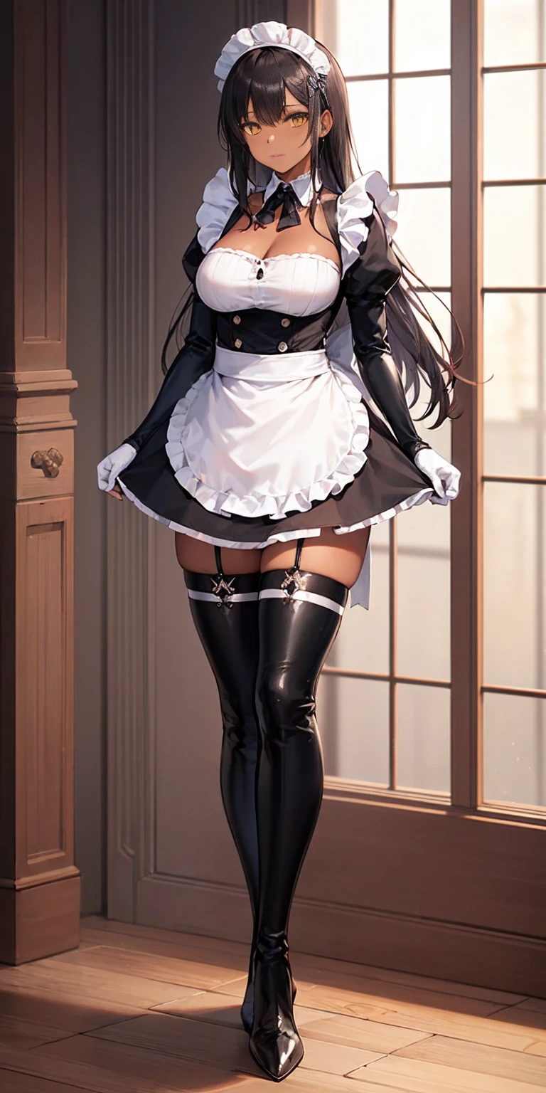 Full body standing straight symmetrical (mature female:1.4) (masterpiece, best quality) (maid, maid headdress, maid apron) indoors, window, best quality, high quality, dark black SKIN. Long messy hair, yellow eyes, full body, def_effie, blue breastplate, looking at viewer, shiny armor, thigh highs, high boots, shoulder armor, faulds, poleyn, red gloves gauntlets