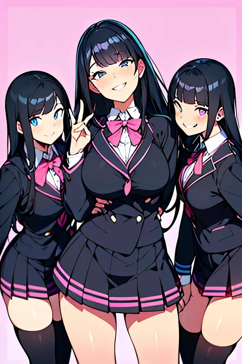 ,(Shiny black hair),(Bright Blue Eyes),(Pink Lips),(School uniform),(Knee-high socks),(smile),(Bright expression),(Stand in a row),(Blurred Background),(sunny day),(Soft lighting),(Vibrant colors),(Sharp details),(Fine Lines),(Realistic skin texture),(like々New Appearance),(Friendly attitude),(Dynamic pose),(A playful atmosphere),(Giggling),(confident height),(Cleavage)