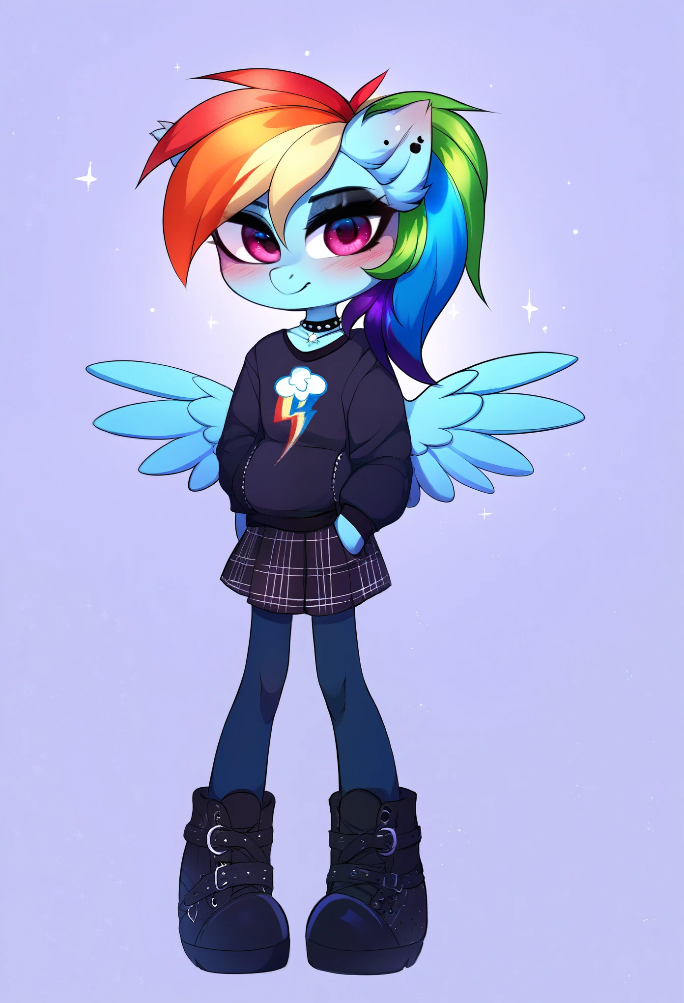 score_9, score_8_up, score_7_up, source_furry, rating_safe, by magnaluna, rainbow_dash_(mlp)  posing seductively in a goth bedroom, anthro, blushing, fullbody, full body