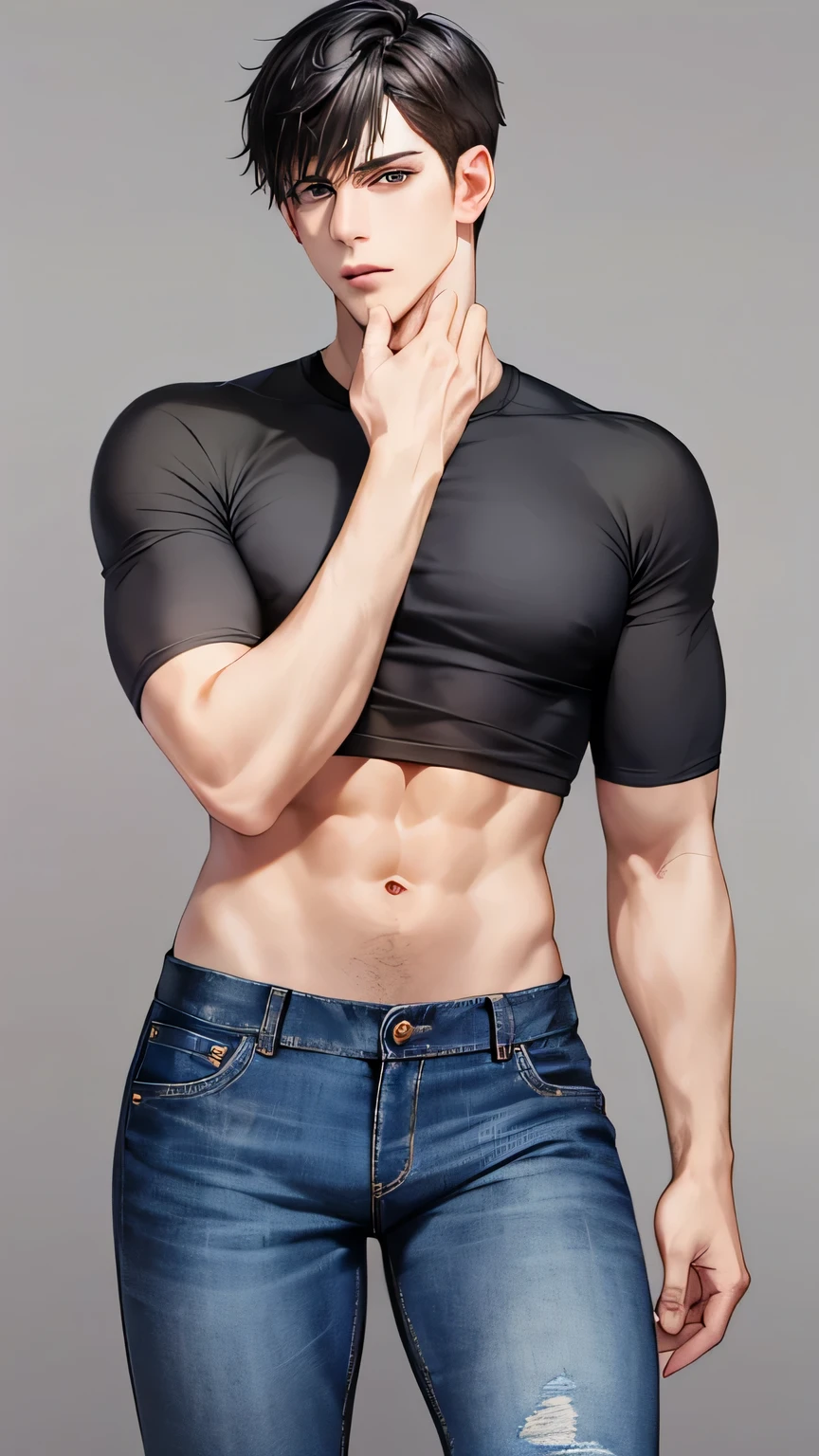 hot male, short black hair, shorts tight jeans and tights, masc
