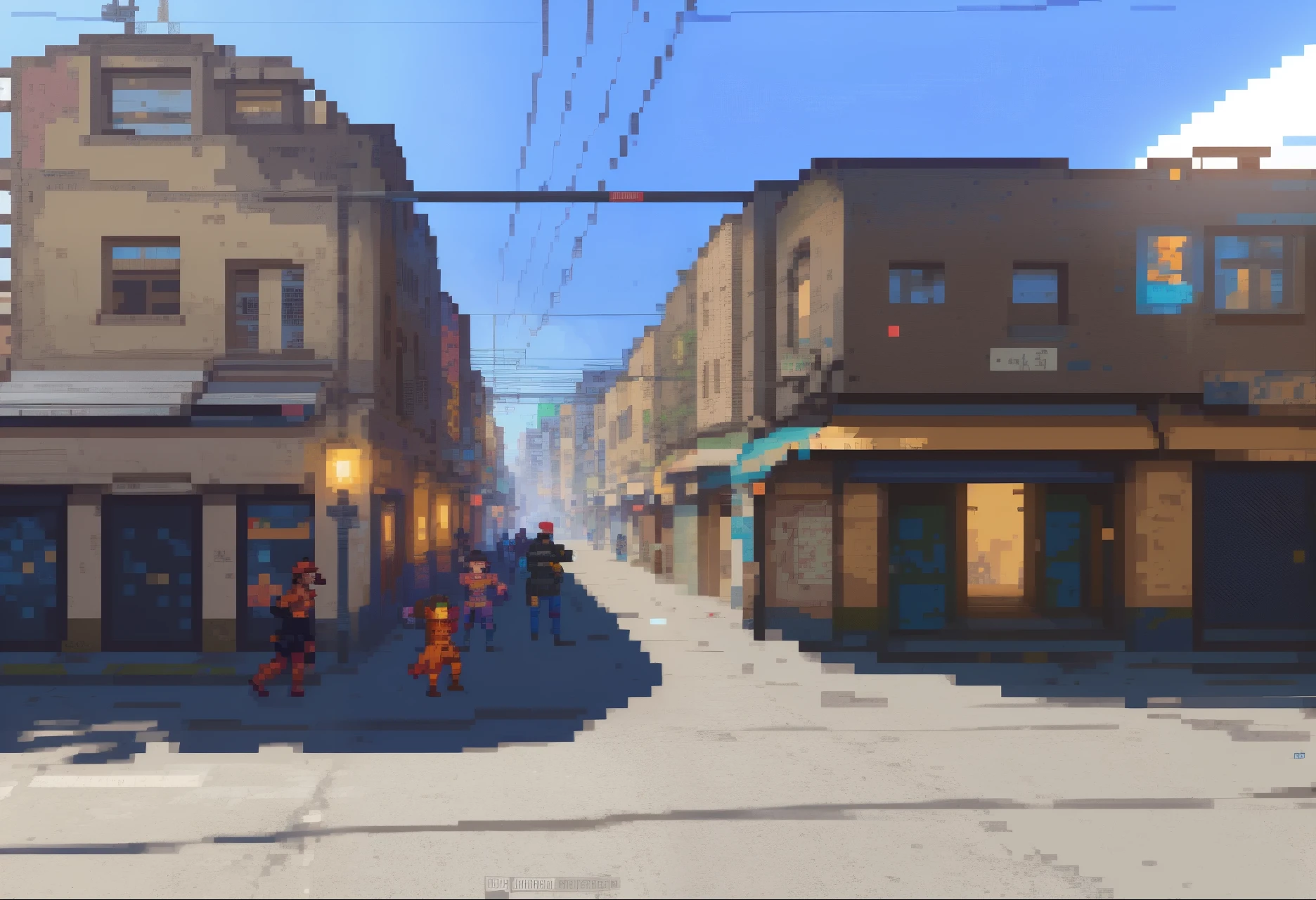 detailed graffiti, vibrant colors, urban life, bustling atmosphere, night scene, streetlights, harmonious blend of old and new architecture. (best quality, 4k, highres, pixel art, concept artists), [fight game background], [soft lighting], [nostalgic vibe] pixelart 