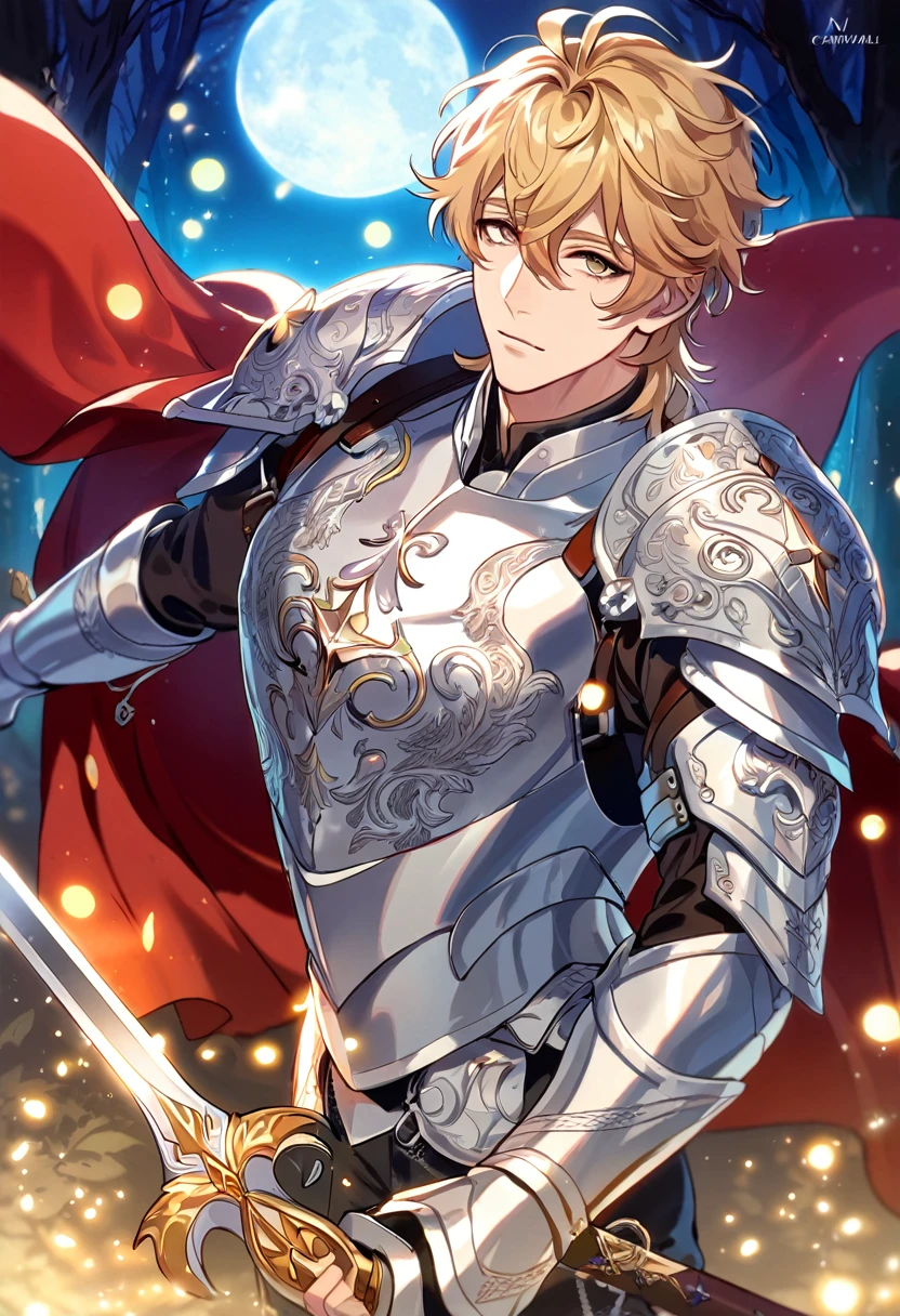 absurdres, highres, ultra detailed, HDR, master piece, best quality, perfect face, beautiful eyes, delicate features, Quincy, blond messy hair, expressive amber eyes, Nu Carnival, solo, sexy man, handsome, holding a sword, silver armor, red cape, knight, black pants, forest, moon, fireflies