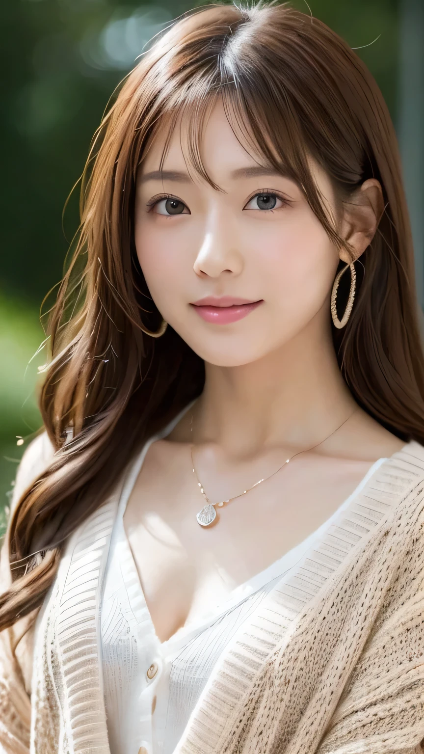 8k, highest quality, masterpiece, Realistic, Realistic, Very detailed, Natural light, Highly detailed face and skin, Fine grain, Highly detailed face and skinの中間ショット, Beautiful woman staring at camera, Beautiful Face, Realistic Face, Detailed face, Beautiful hairstyle, Realistic eyes, fine grain, Realistic Skin, Detailed skin, Beautiful Skin, charm, Ultra-realistic, ((necklace,cardigan, kind, Brown Hair, Cute Japanese Girl, whole body,Dimples,whole bodyショット)),