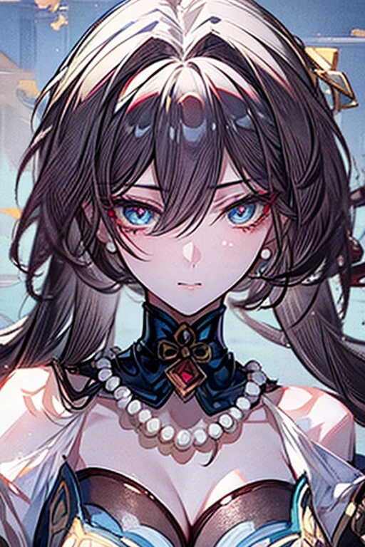 (masterpiece, best quality, perfect face, expressive eyes), 1girl, (anime), ruan mei, honkai star rail, pearl necklace, 