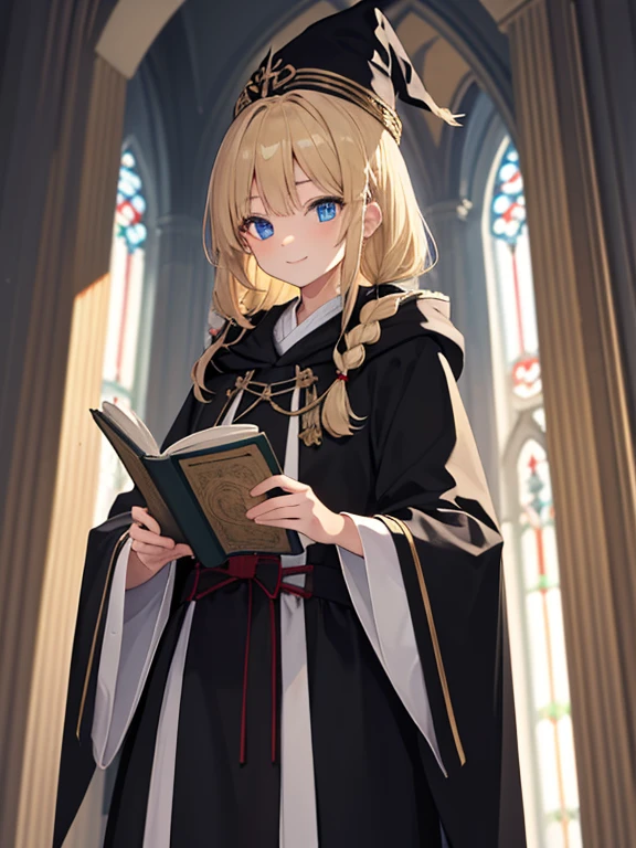 masterpiece, highest quality, Very detailed, 16k, Ultra-high resolution, Cowboy Shot, One 14-year-old girl, Detailed face, smile, Perfect Fingers, blue eyes, Blonde, Braid, The figure of the wizard, Long pointed hat, Long black robe, temple, Cathedral, Have scriptures