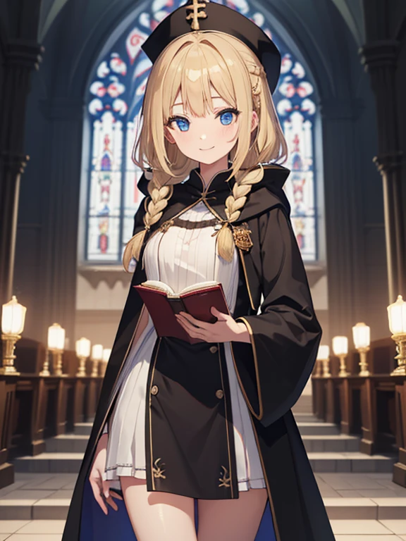 masterpiece, highest quality, Very detailed, 16k, Ultra-high resolution, Cowboy Shot, One 14-year-old girl, Detailed face, smile, Perfect Fingers, blue eyes, Blonde, Braid, The figure of the wizard, Long pointed hat, Long black robe, temple, Cathedral, Have scriptures
