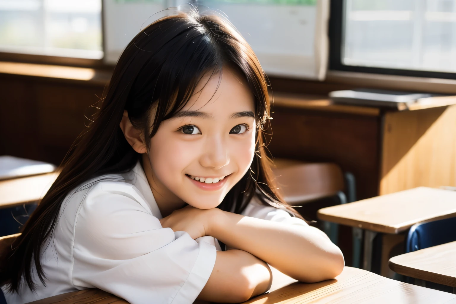 lens: 135mm f1.8, (highest quality),(RAW Photos), (Tabletop:1.1), (Beautiful Japanese girl), Cute face, (Deeply chiseled face:0.7), (freckles:0.4), dappled sunlight, Dramatic lighting, (Japanese School Uniform), (In the classroom), shy, (Close-up shot:1.2), (smile), (Sparkling eyes), (sunlight)