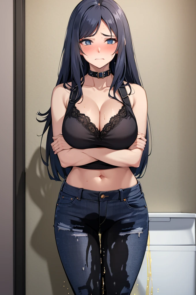 A woman with very long black hair and (very long bangs:1.5), wearing a stylish jacket and tight jeans, standing. The artwork is inspired by manga and incorporates a doujin style. The woman appears to be (wetting herself:1.5), which causes her to feel embarrassed and humiliated, resulting in a blush on her face. In addition, there is an air of anger in her expression. The lighting in the scene is moody, with a spotlight highlighting the woman's figure. She is crossing her arms, (arms crossed:1.5), fully showcasing her jeans., large breasts, navel, midriff, groin, mound of venus