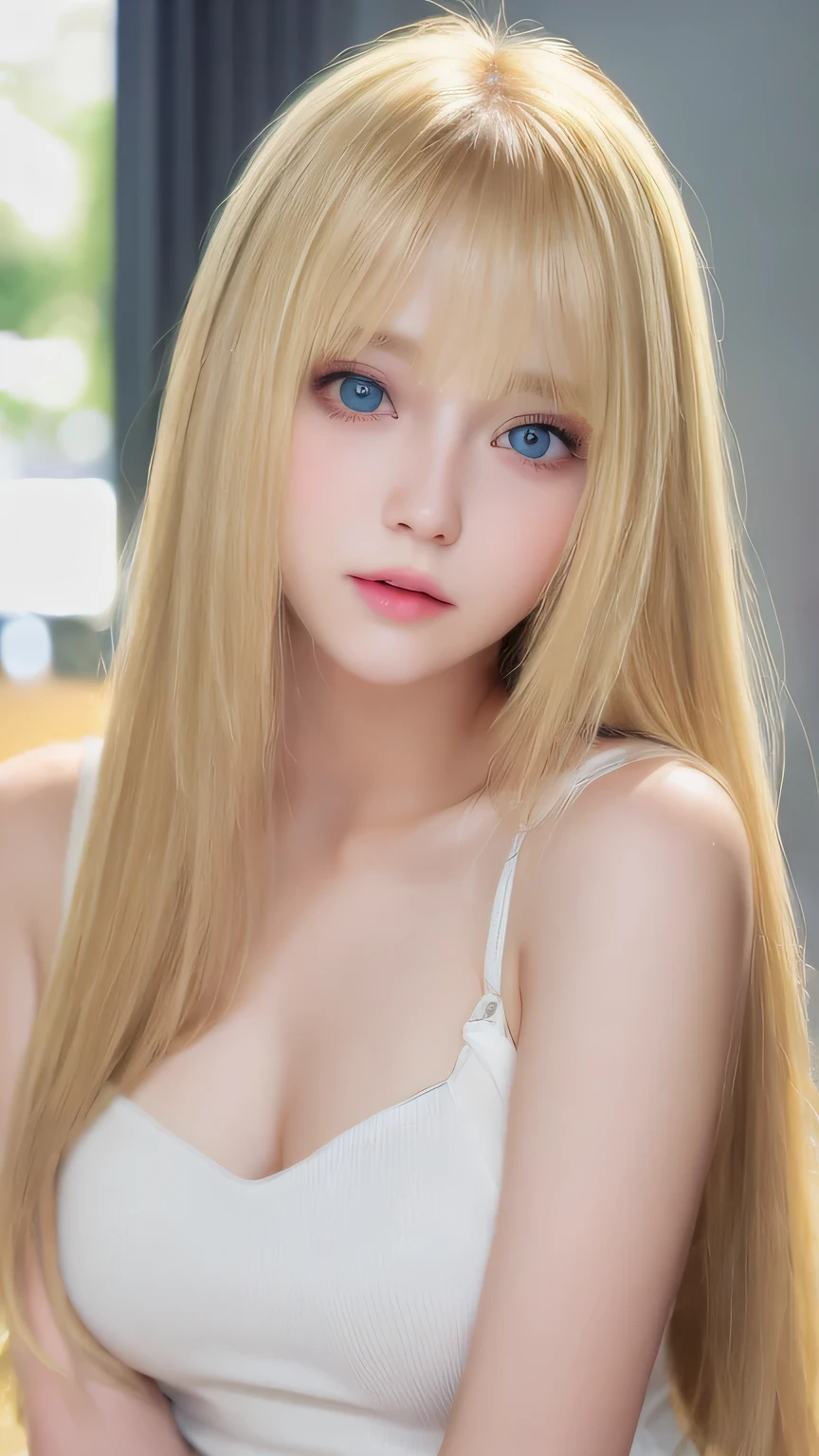 Beautiful, dazzling, super long, straight, silky blonde hair、Bright expression、Blonde girl posing in a white top、messy bangs between eyes,,、Glossy fair skin、Glowing Cheeks、Reality Girls、****************、Beautiful girl with shining golden platinum blonde、Beautiful big bright blue eyes、Small Face Beauty、Round face