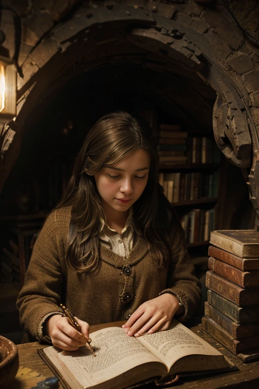 "Realistic painting, ((Fascinating)) A scene of a girl engrossed in reading, Antique books, cozy hobbit cave, A complicated watch with moving gears, ((nostalgic)), detailed, Warm palette"