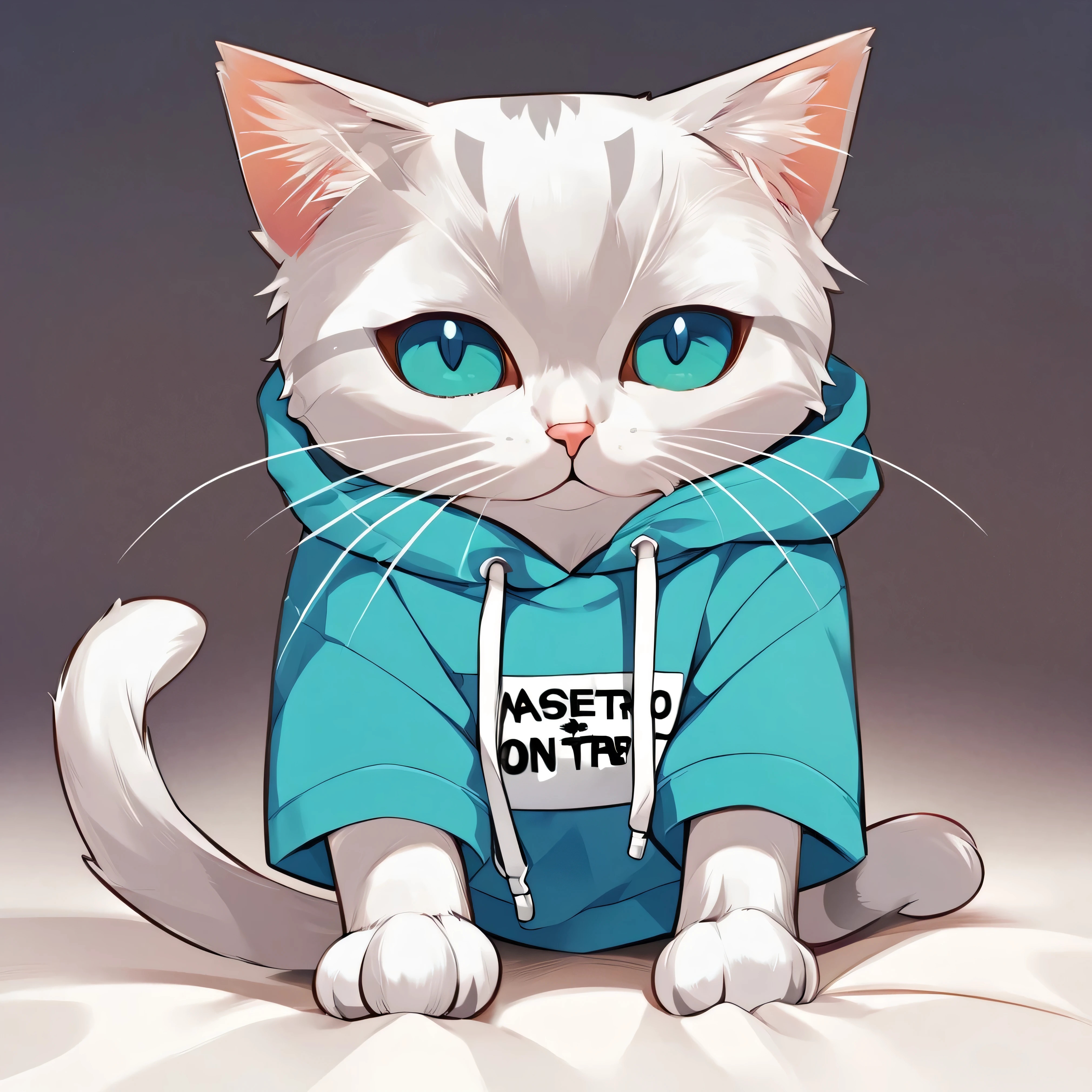The cat wears a turquoise blue hoodie that says MAESTRO on the front