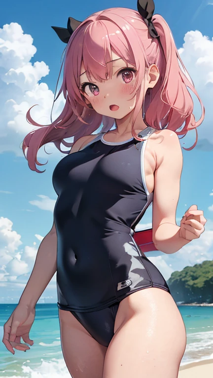 masterpiece、highest quality、Very detailed、Photograph the upper body、1 female、(Arms behind your back:1.4)、Are standing、Turn your body forward、View your viewers、(School Swimsuit)、blush、shy、Pink Hair、Open your mouth、Ocean、Big Breasts、