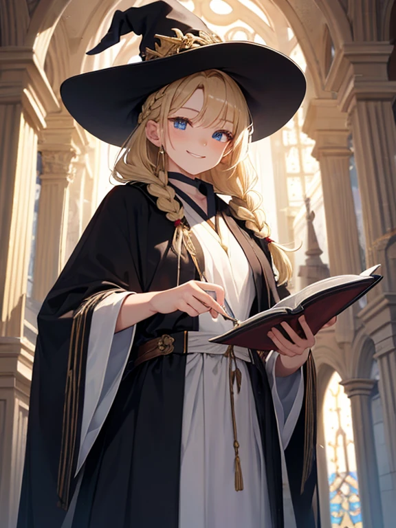 masterpiece, highest quality, Very detailed, 16k, Ultra-high resolution, Cowboy Shot, One -yeld gi Detailed face, smile, Perfect Fingers, blue eyes, Blonde, Braid, The figure of the wizard, Long pointed hat, Long black robe, temple, Cathedral, Have scriptures