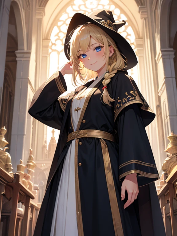 masterpiece, highest quality, Very detailed, 16k, Ultra-high resolution, Cowboy Shot, One ****************, Detailed face, smile, Perfect Fingers, blue eyes, Blonde, Braid, The figure of the wizard, Long pointed hat, Long black robe, temple, Cathedral, Have scriptures