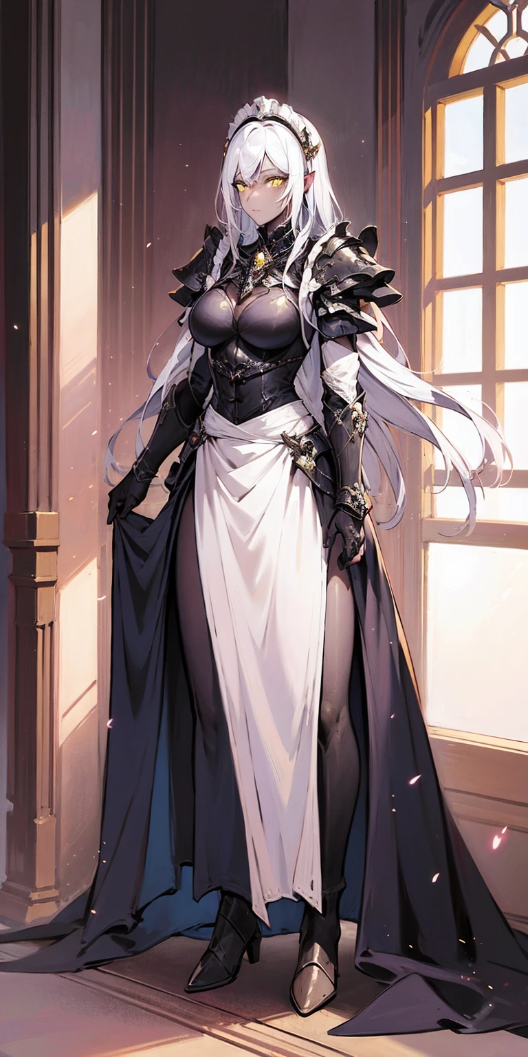 Full body standing straight symmetrical (mature female:1.4) (masterpiece, best quality) (maid, maid headdress, maid apron) indoors, window, best quality, high quality, dark black SKIN. Long messy hair, yellow eyes, full body, def_effie, blue breastplate, looking at viewer, shiny armor, thigh highs, high boots, shoulder armor, faulds, poleyn, red gloves gauntlets