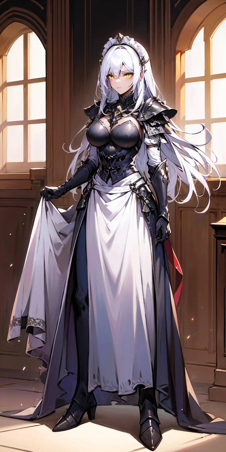 Full body standing straight symmetrical (mature female:1.4) (masterpiece, best quality) (maid, maid headdress, maid apron) indoors, window, best quality, high quality, dark black SKIN. Long messy hair, yellow eyes, full body, def_effie, blue breastplate, looking at viewer, shiny armor, thigh highs, high boots, shoulder armor, faulds, poleyn, red gloves gauntlets