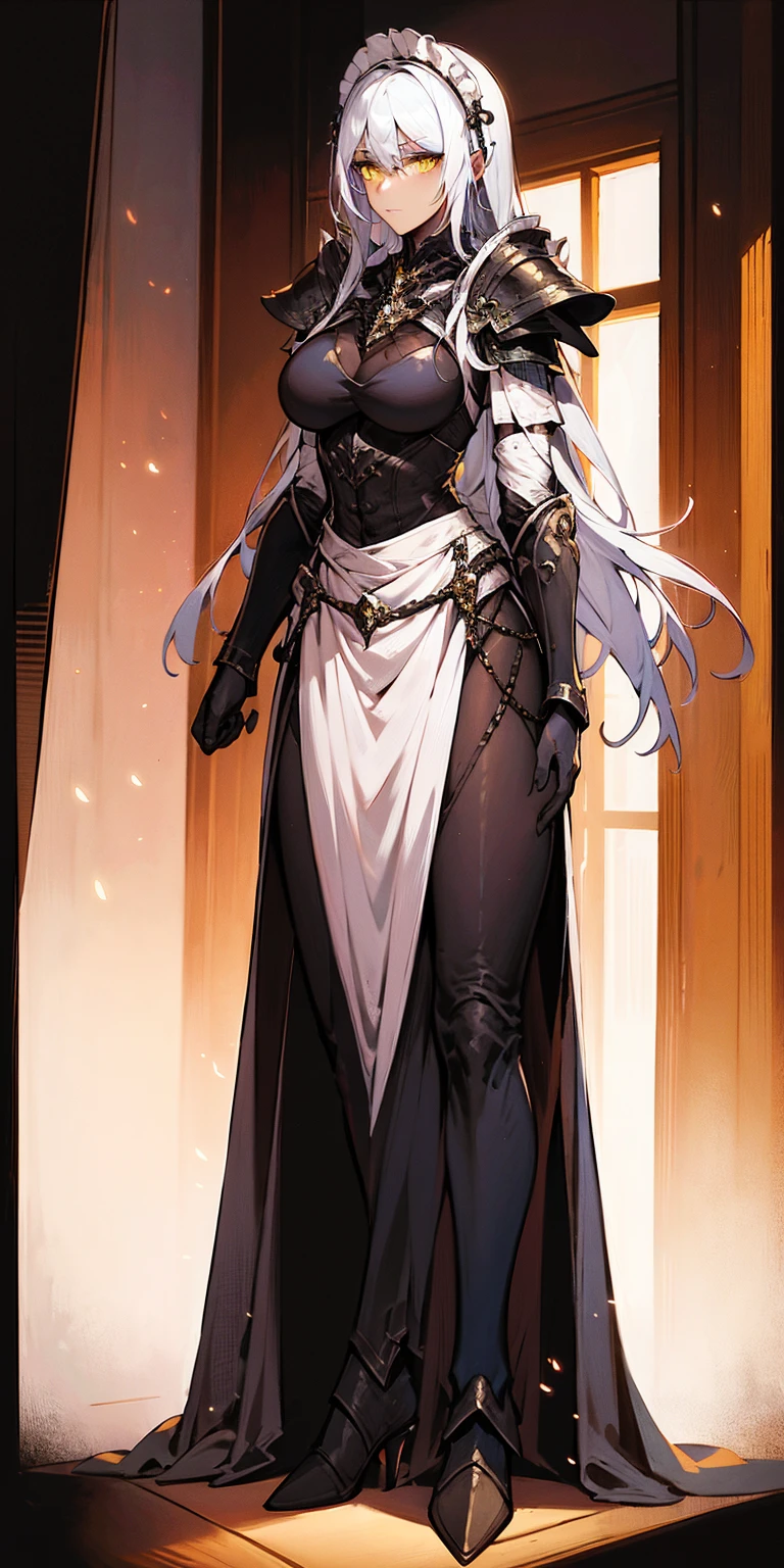 Full body standing straight symmetrical (mature female:1.4) (masterpiece, best quality) (maid, maid headdress, maid apron) indoors, window, best quality, high quality, dark black SKIN. Long messy hair, yellow eyes, full body, def_effie, blue breastplate, looking at viewer, shiny armor, thigh highs, high boots, shoulder armor, faulds, poleyn, red gloves gauntlets