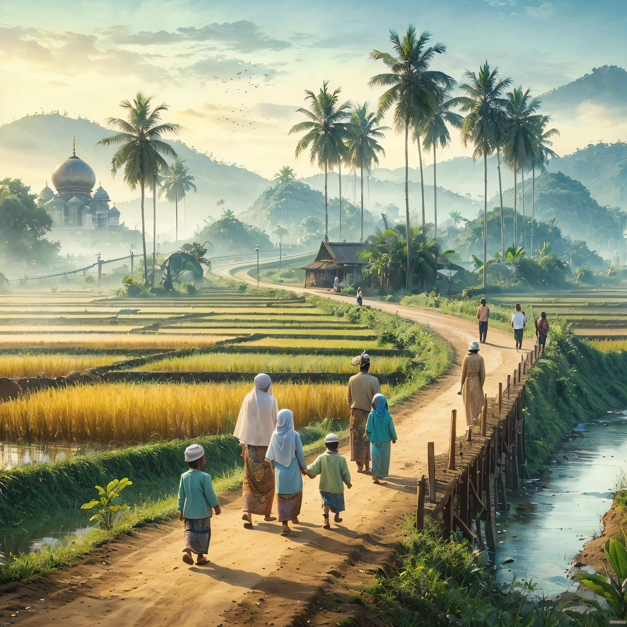 a group of people walking down a dirt road, a detailed matte painting, by Rudy Siswanto, sumatraism, with beautiful mosques, an indonesian family portrait, islamic art, bridge between the worlds, andrey gordeev, blissful journey