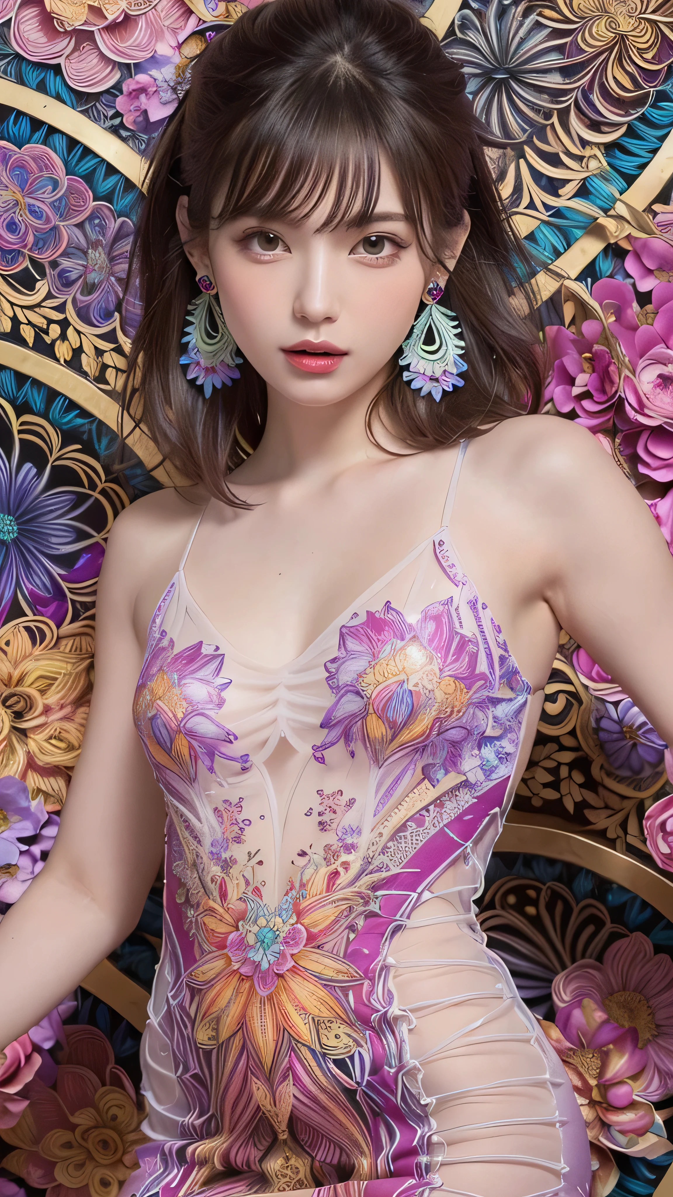 NSFW,sexly,(Good,+beautiful detailed Panties with colorful floral embroidery and gorgeous embroidery +:1.5),Salute,(Flower motif lingerie),(Gorgeous:1.2),(Lace,Detailed:1.3),(See-through:1.6),Small round breasts,
break
Earrings、(((Trendy hairstyles))), (eyebrows hidden by hair),( hair ornament, hair clips), Wavy Hair, medium breasts,thin lips,(Slender),Happy,BREAK
masterpiece, Best Quality,(Photorealistic: 1.4),Ultra High Resolution, Unity 8k Wallpaper, (Beautiful detailed eyes:1.6),Symmetrical, extra detailed face, Perfect Lighting, (Perfect hands, Perfect Anatomy),