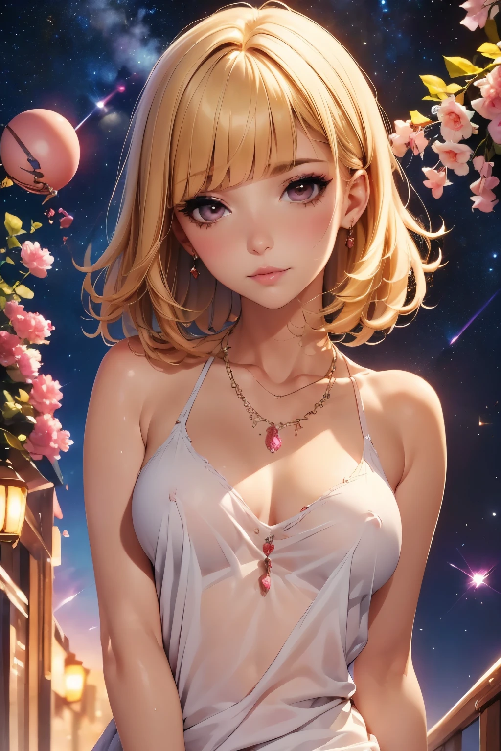 Watercolor painting of a beautiful woman, 30 delicate colors, wearing a fine silky, close-fitting sheet-like fabric, detailed eyes, long eyelashes, foundation, pink lipstick, eyeliner, facial details, simple Necklace, look at me, detailed depiction, space colored with ornaments, delicate light depiction,
