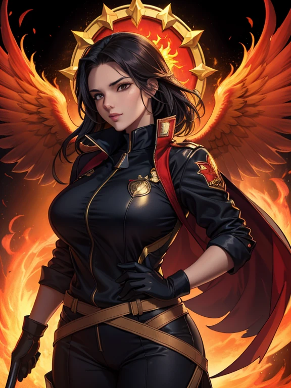 (Upper Body:1.3), One girl,Hornick Keeper, Fireproof suit with golden phoenix emblem, Obsidian grille fire enclosure, Phoenix nest with glittering golden wings, Talon gloves for wielding the Phoenix, Fire Ruby to Feed the Phoenix,