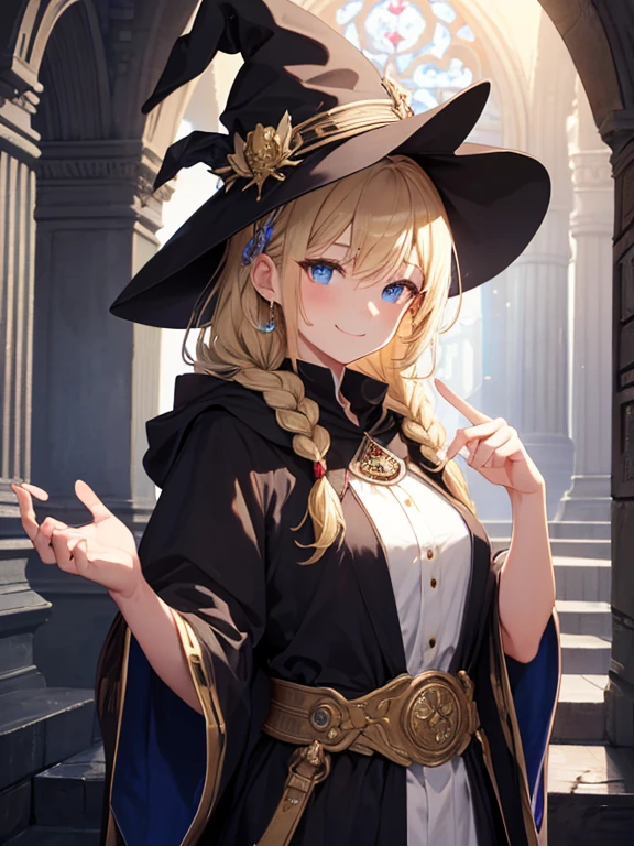 masterpiece, highest quality, Very detailed, 16k, Ultra-high resolution, Cowboy Shot, One -yeld gi Detailed face, smile, Perfect Fingers, blue eyes, Blonde, Braid, The figure of the wizard, Long pointed hat, Long black robe, temple, Cathedral, holding a long wizard&#39;s wand