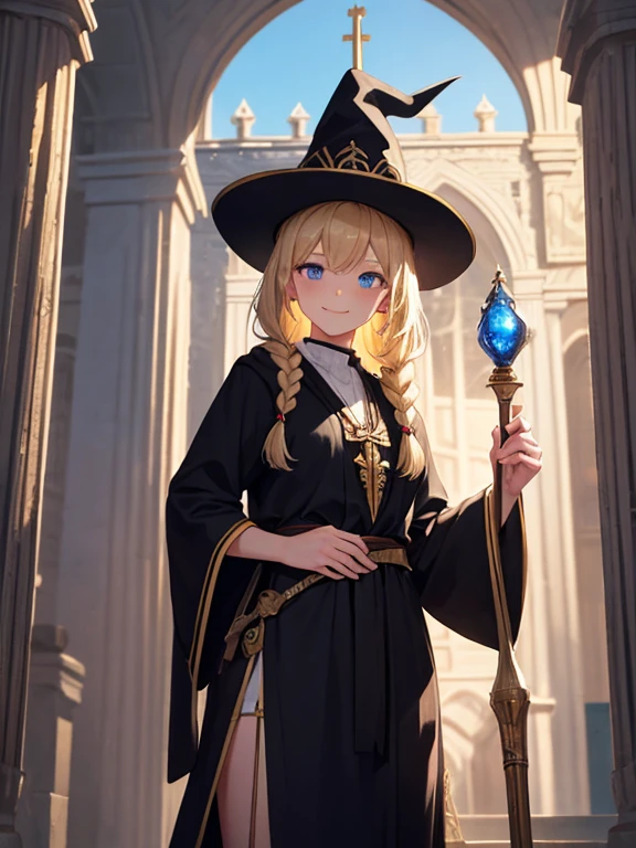 masterpiece, highest quality, Very detailed, 16k, Ultra-high resolution, Cowboy Shot, One -yeld gi Detailed face, smile, Perfect Fingers, blue eyes, Blonde, Braid, The figure of the wizard, Long pointed hat, Long black robe, temple, Cathedral, holding a long wizard&#39;s wand