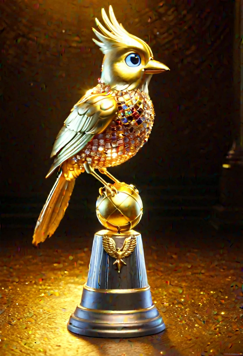 (best quality,highres,masterpiece:1.2),detailed artwork,intricate details,golden shine,pixar cartoon, ((golden trophy)),bird,medium:2D animation,charming animation style,vibrant colors,crystal-clear details,sparkling reflections,shimmering gold,impeccable craftsmanship,dynamic composition,exquisite feather textures,golden treatures,delicate highlights,remarkable attention to detail,breathtakingly beautiful,eye-catching position,brilliant lighting effects