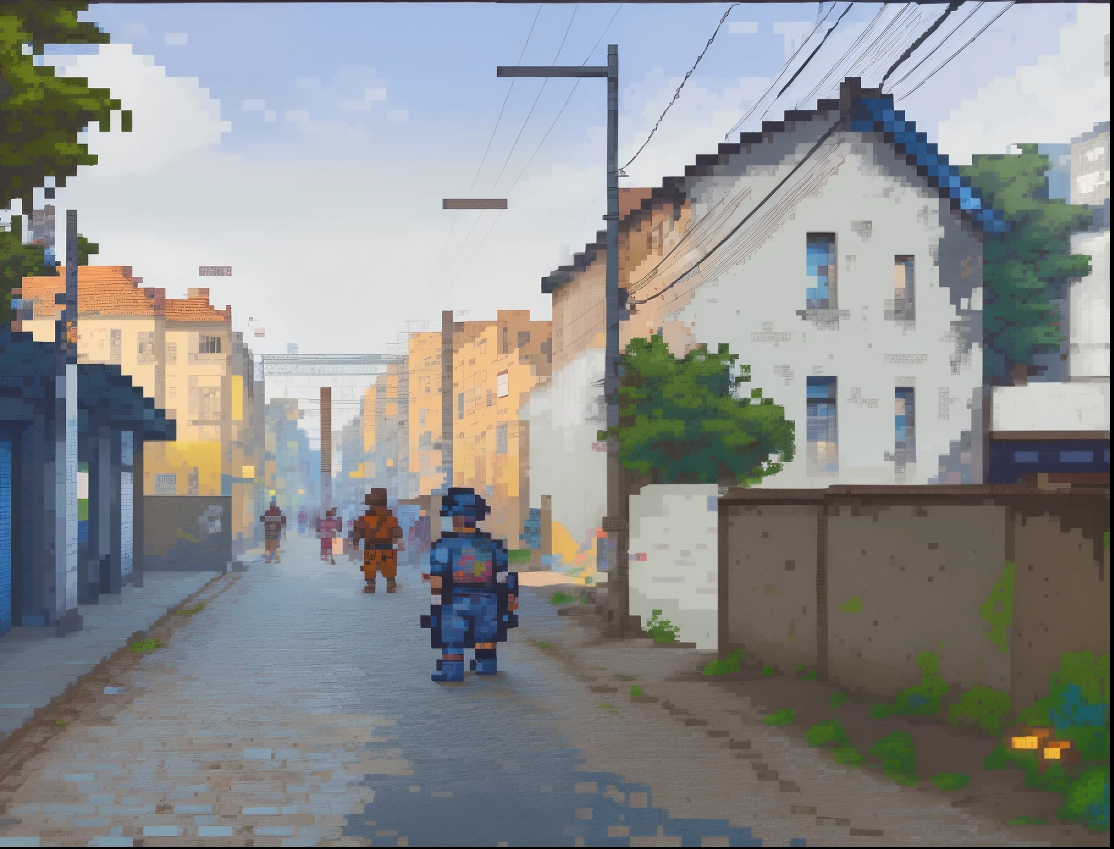 detailed graffiti, vibrant colors, urban life, bustling atmosphere, night scene, streetlights, harmonious blend of old and new architecture. (best quality, 4k, highres, pixel art, concept artists), [fight game background], [soft lighting], [nostalgic vibe] pixelart 