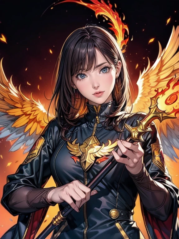 (Upper Body:1.3), One girl,Hornick Keeper, Fireproof suit with golden phoenix emblem, Obsidian grille fire enclosure, Phoenix nest with glittering golden wings, Talon gloves for wielding the Phoenix, Fire Ruby to Feed the Phoenix,