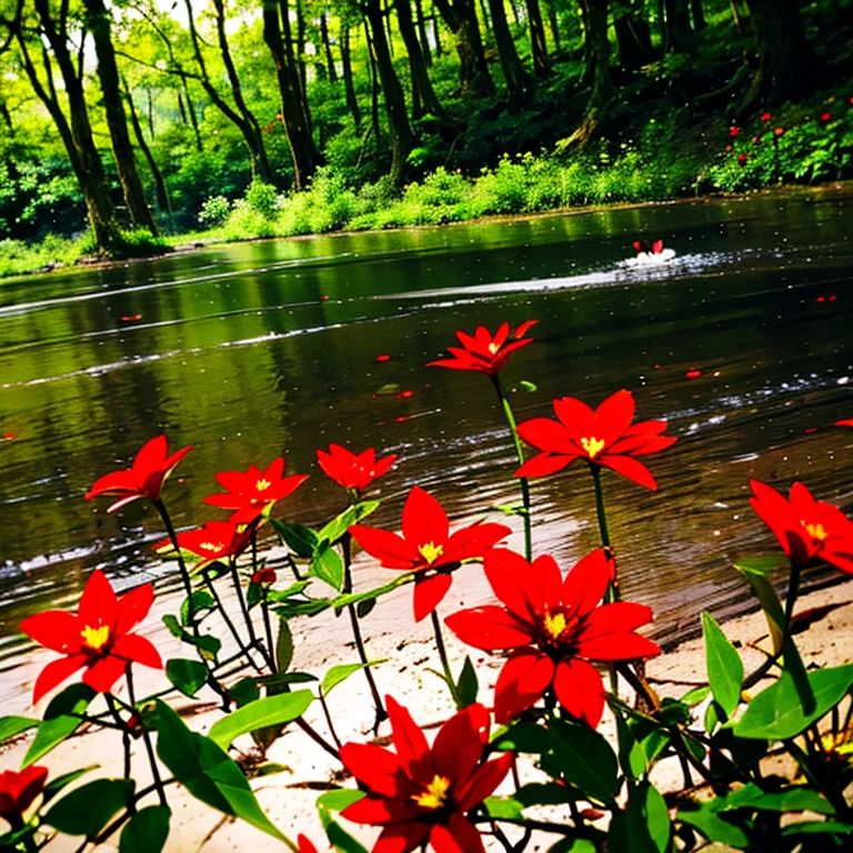 (red flower,dark red flower,playful leaves,leaves flying,beautiful midday light,bright flowers,clear water,close-up camera angle,forest in the background)