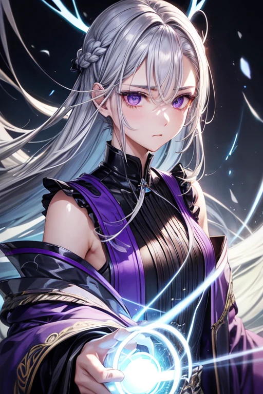 male性、A hairstyle in which the entire hair is slicked back、Odd Eye、Silver hair back、male、Her hair is shoulder-length、Odd Eye、maleの左目赤色、male右目青、Purple coat、Increase the wide angle、Clear Eyes、Lightning Magic Circle