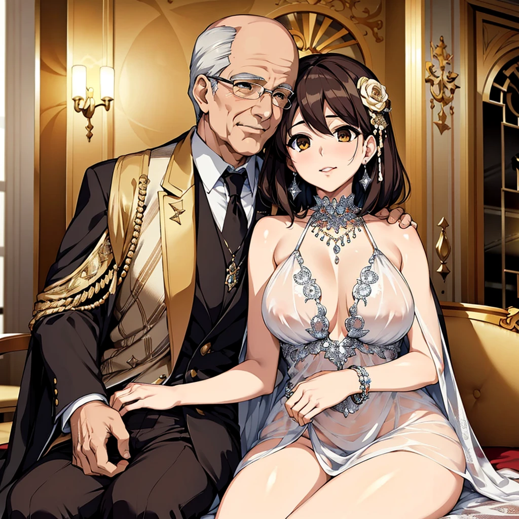 ((highest quality)), ((masterpiece)), (detailed), (Perfect Face)、The woman is Haruhi Suzumiya, with short brown hair and the wife of a 70-year-old man.、(The woman is wearing a gorgeous, see-through dress and cape with gorgeous embroidery and extravagant fur, and is holding a baby close to a 70-year-old man in a luxurious outfit, wearing accessories such as a gorgeous engagement ring and gorgeous jeweled earrings and necklaces.)、(A woman is wearing a gorgeous engagement ring and snuggling up to a 70-year-old man)、The man is 70 years old and is happily embracing the woman in a luxurious mansion.