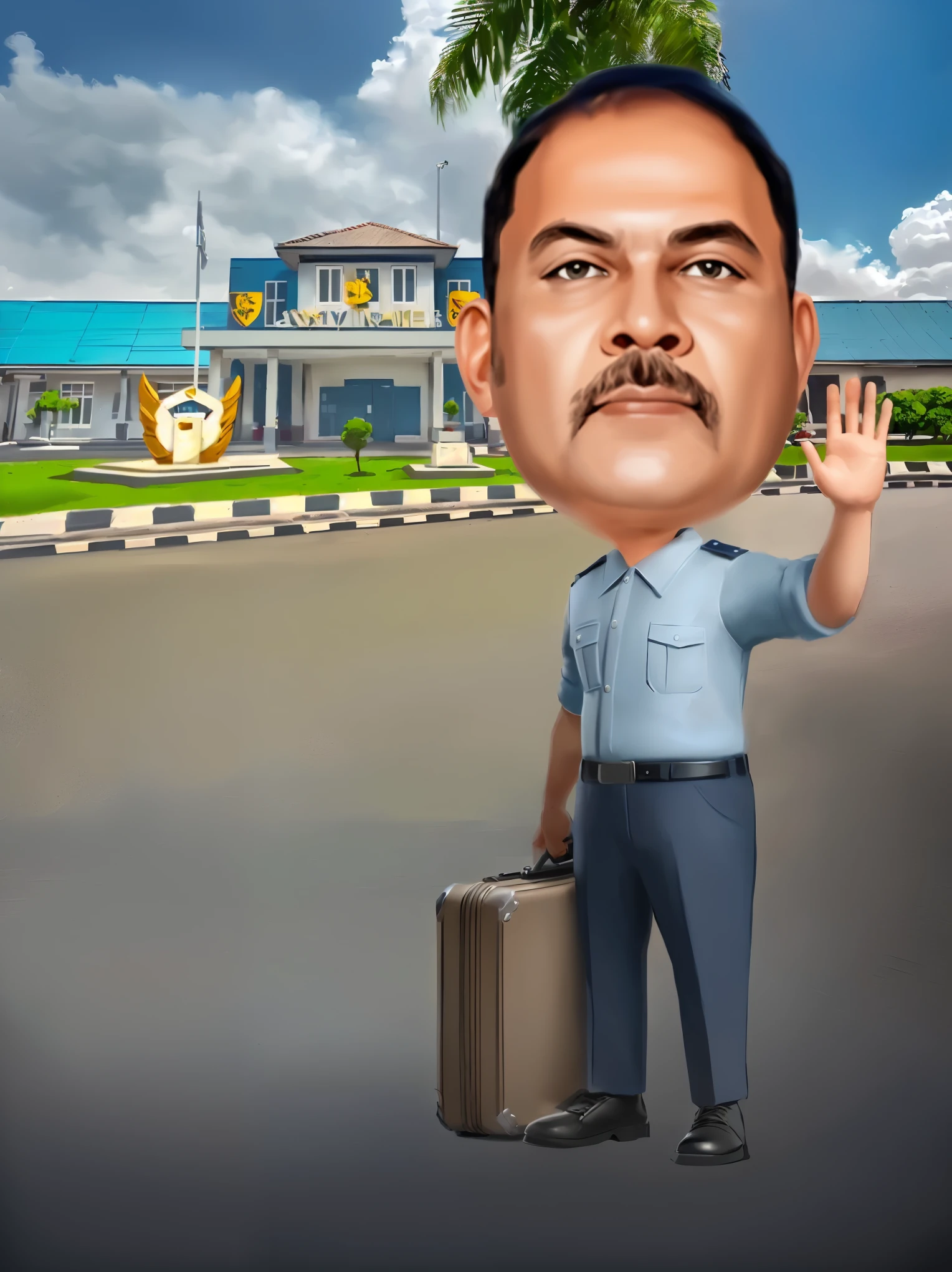 cartoon man with suitcase waving in front of a building, caricature illustration, in cartoon style, caricature style, digital art cartoon, vijay jayant props, cartoon digital painting, security agent, stylized digital illustration, cartoon digital art, caricature, inspired by Sudip Roy, digital art!!, digital cartoon painting art, toon rendering, tony sart highly detailed, realistic cartoon