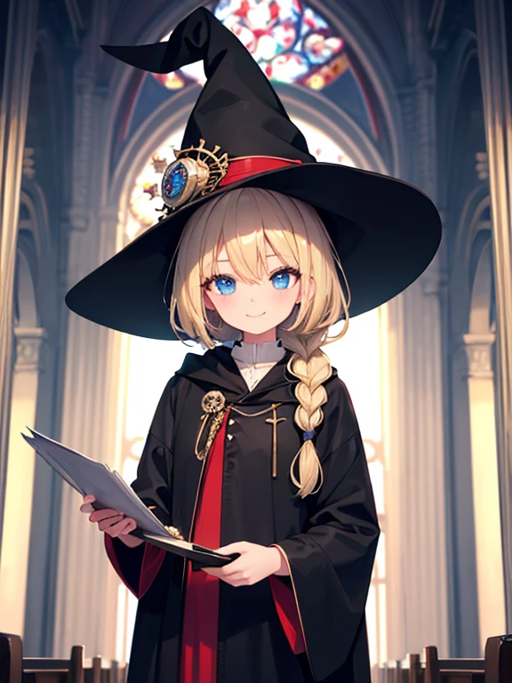 masterpiece, highest quality, Very detailed, 16k, Ultra-high resolution, Cowboy Shot, One 14-year-old girl, Detailed face, smile, Perfect Fingers, blue eyes, Blonde, Braid, The figure of the wizard, Long pointed hat, Long black robe, temple, Cathedral, holding a long wizard&#39;s wand