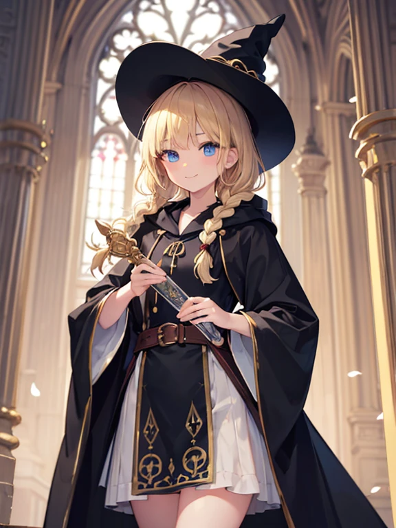 masterpiece, highest quality, Very detailed, 16k, Ultra-high resolution, Cowboy Shot, One 14-year-old girl, Detailed face, smile, Perfect Fingers, blue eyes, Blonde, Braid, The figure of the wizard, Long pointed hat, Long black robe, temple, Cathedral, holding a long wizard&#39;s wand