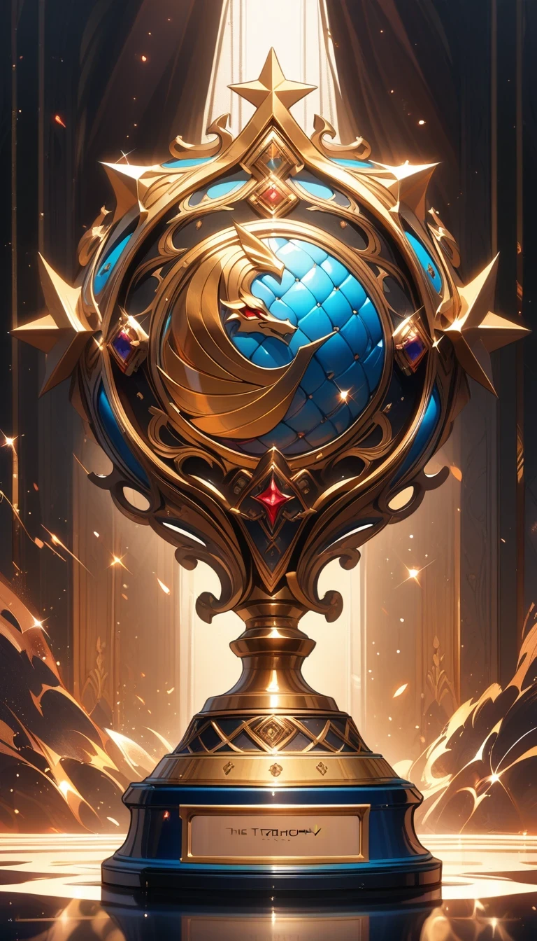 ((Masterpiece)), ((Best Quality)), (Very Detailed), (Very Detailed)), 4K, (8K), very aesthetic, absurdres, highres, (modern design golden shield trophy), the trophy is decorated with jewels, fine carvings, pastel colored background, reflective light effects, sparkles, shadows, light refraction, spotlights,